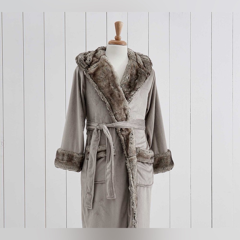 Pottery Barn Taupe Hooded Faux-Fur Trim Robe